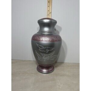 Funeral Urn – Large Adult Size – Silver & Red Engraved Birds Cremation Ashes NIB